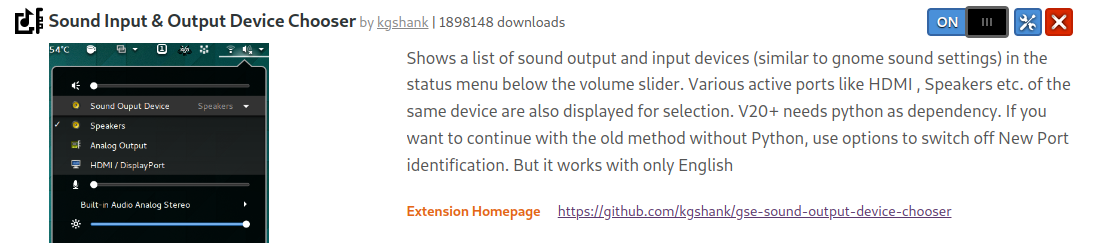 Details of the Sound Input & Output Device Chooser Gnome extension, on the Gnome Extensions web page