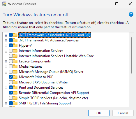 Windows features dialog showing all the available features that can be enabled or disabled, including Hyper-V